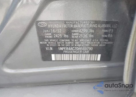 2013 Hyundai Sonata Gls z USA, uszkodzony, nr VIN 5NPEB4AC2DH549790